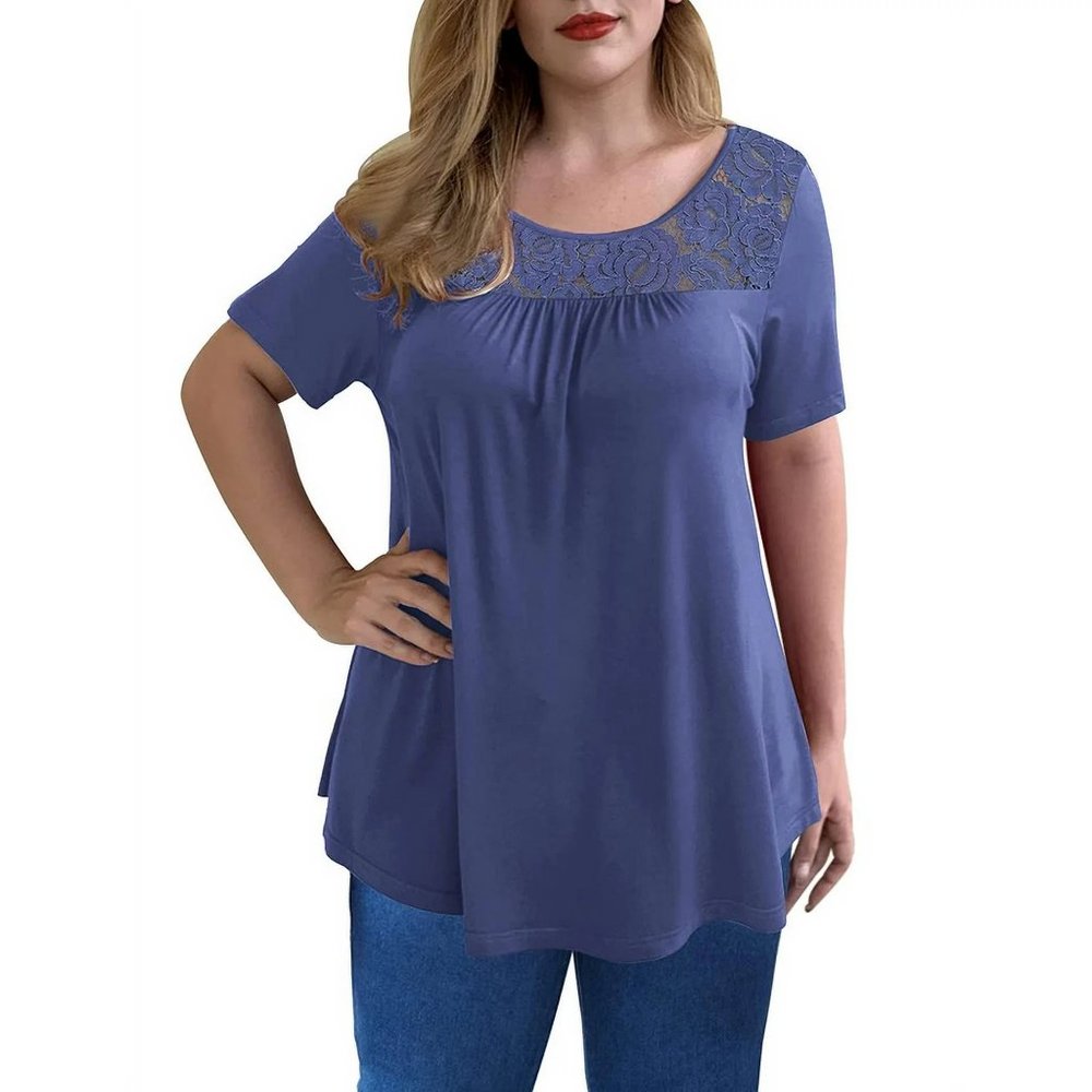 NEW VERABENDI Women's Plus Size Short Sleeve Casual Lace Pleated Tunic Blouse M